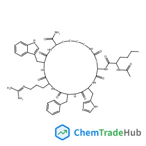 (3S,6S,9R,12S,15S,23S)-15-[(N-Acetyl-L-norleucyl)amino]-9-benzyl-6-{3-[(diaminomethylene)amino]propyl}-12-(1H-imidazol-5-ylmethyl)-3-(1H-indol-3-ylmethyl)-2,5,8,11,14,17-hexaoxo-1,4,7,10,13,18-hexaaza
cyclotricosane-23-carboxamide