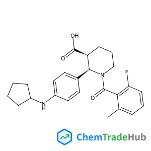 (2R,3S)-2-[4-(Cyclopentylamino)phenyl]-1-(2-fluoro-6-methylbenzoyl)-3-piperidinecarboxylic acid structure