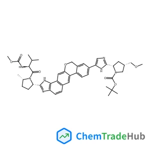 2-Methyl-2-propanyl (2S,4S)-2-[5-(2-{(2S,5S)-1-[N-(methoxycarbonyl)-L-valyl]-5-methyl-2-pyrrolidinyl}-1,11-dihydroisochromeno[4',3':6,7]naphtho[1,2-d]imidazol-9-yl)-1H-imidazol-2-yl]-4-(methoxymethyl)
-1-pyrrolidinecarboxylate