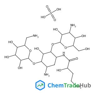 D-Streptamine, O-3-amino-3-deoxy-α-D-glucopyranosyl-(1→6)-O-[6-amino-6-deoxy-α-D-glucopyranosyl-(1→4)]-N1-[(2S)-4-amino-2-hydroxy-1-oxobutyl]-2-deoxy-, sulfate (5:9) (salt) (9CI)