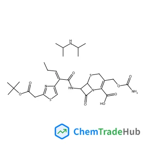 (6R,7R)-3-[(Carbamoyloxy)methyl]-7-{[(2Z)-2-(2-{2-[(2-methyl-2-propanyl)oxy]-2-oxoethyl}-1,3-thiazol-4-yl)-2-pentenoyl]amino}-8-oxo-5-thia-1-azabicyclo[4.2.0]oct-2-ene-2-carboxylic acid - N-isopropyl-
2-propanamine (1:1)