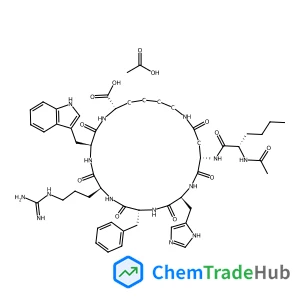 (3S,6S,9R,12S,15S,23S)-15-[(N-Acetyl-L-norleucyl)amino]-9-benzyl-6-(3-carbamimidamidopropyl)-12-(1H-imidazol-5-ylmethyl)-3-(1H-indol-3-ylmethyl)-2,5,8,11,14,17-hexaoxo-1,4,7,10,13,18-hexaazacyclotrico
sane-23-carboxylic acid acetate (1:1)