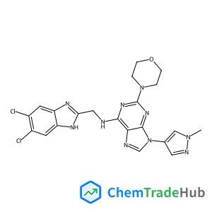 N-[(5,6-Dichloro-1H-benzimidazol-2-yl)methyl]-9-(1-methyl-1H-pyrazol-4-yl)-2-(4-morpholinyl)-9H-purin-6-amine structure