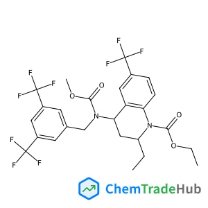 Ethyl (2R,4S)-4-{[3,5-bis(trifluoromethyl)benzyl](methoxycarbonyl)amino}-2-ethyl-6-(trifluoromethyl)-3,4-dihydro-1(2H)-quinolinecarboxylate structure