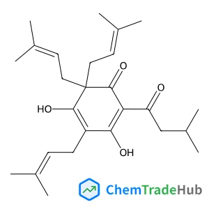 3,5-Dihydroxy-4-(3-methylbutanoyl)-2,6,6-tris(3-methyl-2-buten-1-yl)-2,4-cyclohexadien-1-one structure