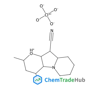10-Cyano-2,4-dimethyldecahydro-2H-pyrano[2,3-b]indolizin-1-ium perchlorate structure