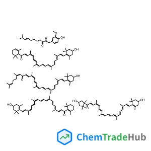 (E)-N-[(4-hydroxy-3-methoxyphenyl)methyl]-8-methylnon-6-enamide;(6E,9E,11E,13E,15E,17E,19E,21E,23E,25E)-26-(4-hydroxy-2,6,6-trimethylcyclohexen-1-yl)-2,6,11,15,20,24-hexamethylhexacosa-2,6,9,11,13,15,17,19,21,23,25-undecaen-8-one;(2E,4E,6E,8E,10E,12E,14E,16E,18E)-19-(4-hydroxy-2,6,6-trimethylcyclohexen-1-yl)-1-(4-hydroxy-1,2,2-trimethylcyclopentyl)-4,8,13,17-tetramethylnonadeca-2,4,6,8,10,12,14,16,18-nonaen-1-one;(2E,4E,6E,8E,10E,12E,14E,16E,18E)-19-(4-hydroxy-2,6,6-trimethylcyclohexen-1-yl)-4,8,13,17-tetramethyl-1-(2,6,6-trimethylcyclohexen-1-yl)nonadeca-2,4,6,8,10,12,14,16,18-nonaen-1-one;(2E,4E,6E,8E,10E,12E,14E,16E,18E)-19-(4-hydroxy-2,6,6-trimethylcyclohexen-1-yl)-4,8,13,17-tetramethyl-1-(2,6,6-trimethylcyclohex-2-en-1-yl)nonadeca-2,4,6,8,10,12,14,16,18-nonaen-1-one