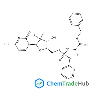 Benzyl (2S)-2-{[{[(2R,3R,5R)-5-(4-amino-2-oxo-1(2H)-pyrimidinyl)-4,4-difluoro-3-hydroxytetrahydro-2-furanyl]methoxy}(phenoxy)phosphoryl]amino}propanoate