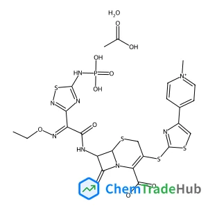 (6R,7R)-7-({(2Z)-2-(Ethoxyimino)-2-[5-(phosphonoamino)-1,2,4-thiadiazol-3-yl]acetyl}amino)-3-{[4-(1-methyl-4-pyridiniumyl)-1,3-thiazol-2-yl]sulfanyl}-8-oxo-5-thia-1-azabicyclo[4.2.0]oct-2-ene-2-carbox
ylate acetate hydrate (1:1:1)
