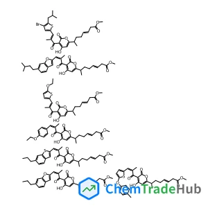 Methyl 7-[5-[3-[4-bromo-5-(2-methylpropyl)thiophen-2-yl]-2-methylprop-2-enoyl]-4-hydroxy-6-oxopyran-2-yl]oct-3-enoate;methyl 7-[5-[3-(4-ethoxyphenyl)-2-methylprop-2-enoyl]-4-hydroxy-6-oxopyran-2-yl]oct-3-enoate;methyl 7-[5-[3-(5-ethoxythiophen-2-yl)-2-methylprop-2-enoyl]-4-hydroxy-6-oxopyran-2-yl]oct-3-enoate;methyl 7-[4-hydroxy-5-[2-methyl-3-[6-(3-methylbutyl)-1-benzofuran-2-yl]prop-2-enoyl]-6-oxopyran-2-yl]oct-3-enoate;methyl 7-[4-hydroxy-5-[2-methyl-3-[5-(4-methylphenoxy)thiophen-2-yl]prop-2-enoyl]-6-oxopyran-2-yl]oct-3-enoate;methyl 7-[4-hydroxy-5-[2-methyl-3-(6-propyl-1-benzofuran-2-yl)prop-2-enoyl]-6-oxopyran-2-yl]oct-3-enoate;methyl 7-[4-hydroxy-5-[2-methyl-3-(6-propyl-1-benzothiophen-2-yl)prop-2-enoyl]-6-oxopyran-2-yl]oct-3-enoate